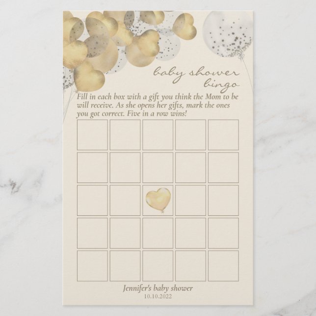 Lámina Bingo Baby Shower Game Fiesta Gold Balloons (Anverso)