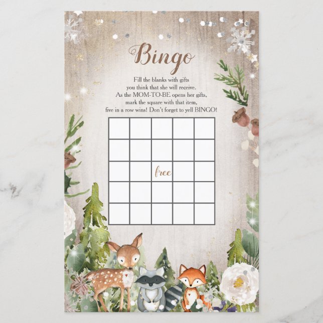 Lámina Bingo Baby Shower Winter Animals Woodland (Anverso)