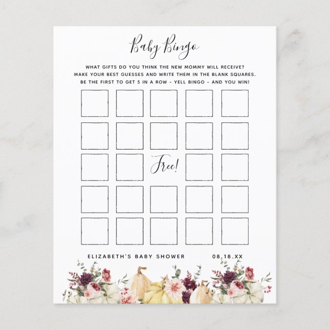 Lámina Bingo Bebé | Juego Floral Baby Shower (Anverso)