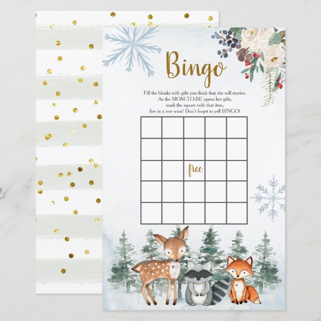 Lámina Bingo de animales del bosque Baby Shower Winter Wo (Anverso / Reverso)