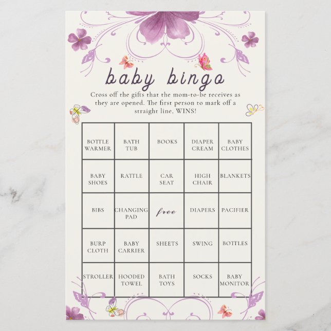 Lámina Bingo de Baby Shower con floral de mariposa de pri (Anverso)