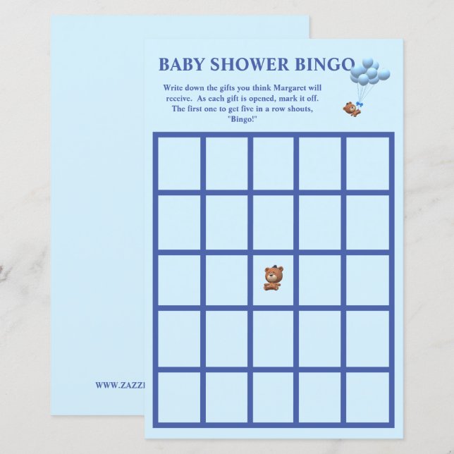 Lámina Bingo de Baby Shower con temas de Oso y Globos (Anverso / Reverso)