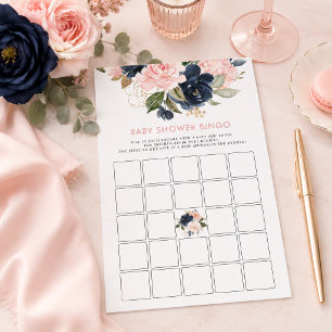 Lámina Bingo de Baby Shower Floral Rosa y Azul Marino Jue