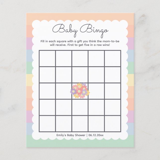 Lámina Bingo de Baby Shower neutral de género con flores  (Anverso)