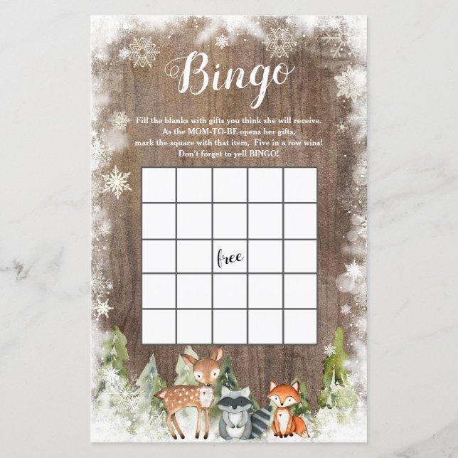 Lámina Bingo de Baby Shower Rustic Winter Animal Woodland (Anverso)