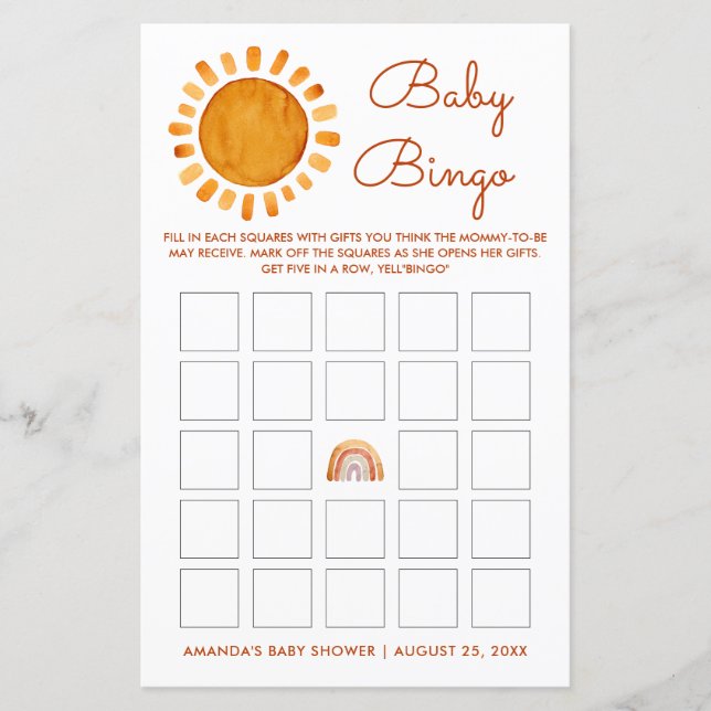 Lámina Bingo de Bebé Amarillo Sunshine personalizado (Anverso)