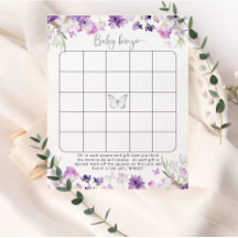 Bingo de bebé de mariposa floral de plata morada