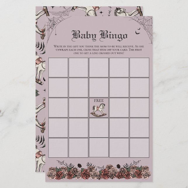 Lámina Bingo de bebé gótico morado de Baby Shower Rocing  (Anverso / Reverso)
