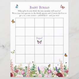 Lámina Bingo de Bebé | Juego Floral Púrpura Rosa y Maripo