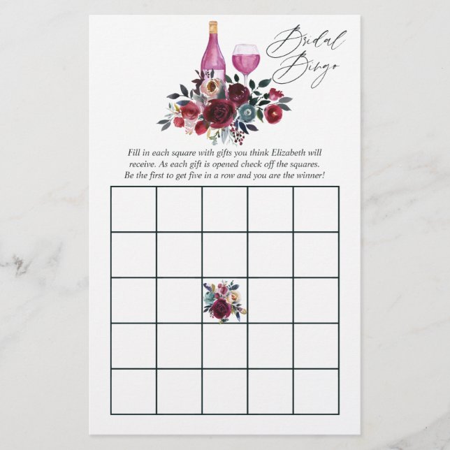 Lámina Bingo de Despedida de Soltera con Cata de Vino Bor (Anverso)