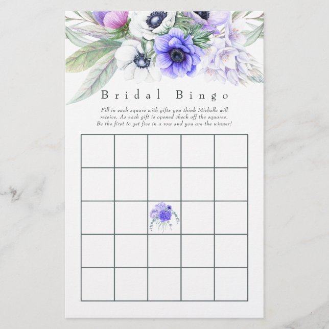 Lámina Bingo de Despedida de Soltera Floral Violeta Paste (Anverso)
