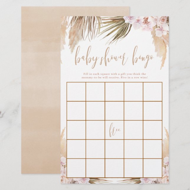 Lámina Bingo de ducha de bebé Tema de boho de pasto Pampa (Anverso / Reverso)