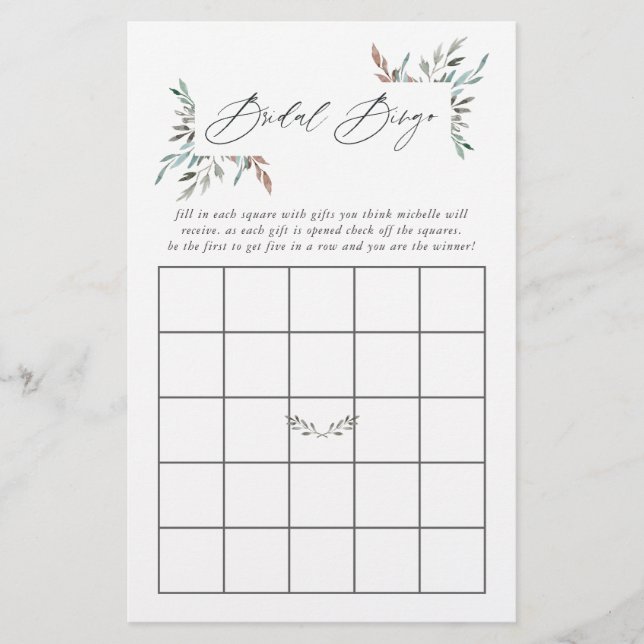 Lámina Bingo de ducha de novia de invierno de vegetación  (Anverso)