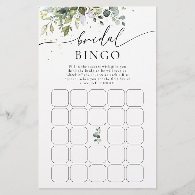 Lámina Bingo de ducha de novia floral de eucalipto verde (Anverso)