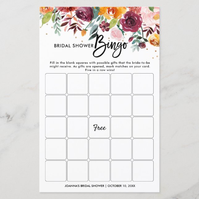 Lámina Bingo de ducha de novia floral de Rubor en Borgoña (Anverso)