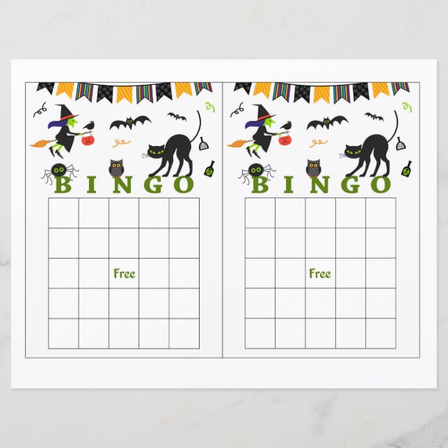 Lámina Bingo de Halloween, bruja de halloween, murciélago (Anverso)