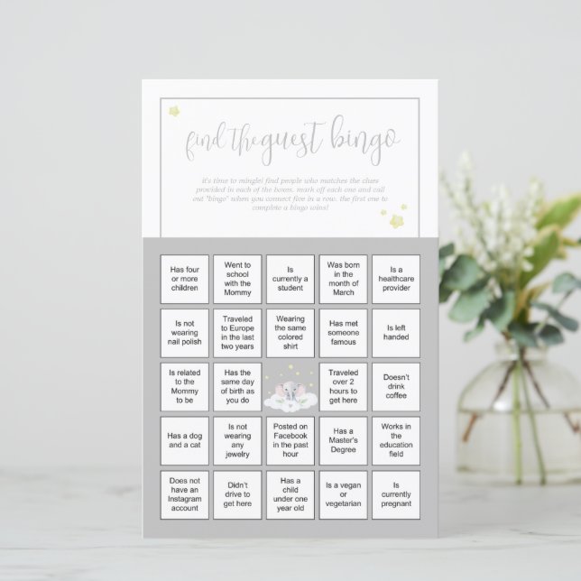 Lámina Bingo de invitado para Elephant Baby Shower Game (Anverso de pie)