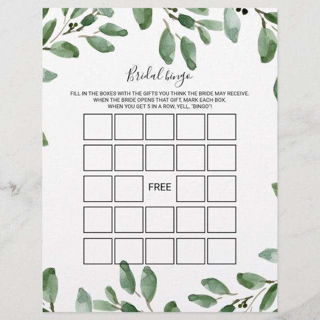 Lámina Bingo de novia de eucalipto verde, juego de ducha  (Anverso)