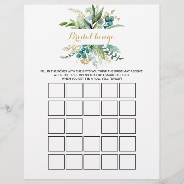 Lámina Bingo de novia de oro y eucalipto, juego de ducha  (Anverso)