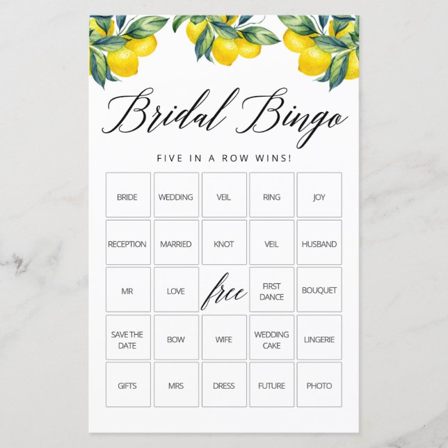 Lámina Bingo Game Card Lemon Bridal Shower Tema (Anverso)