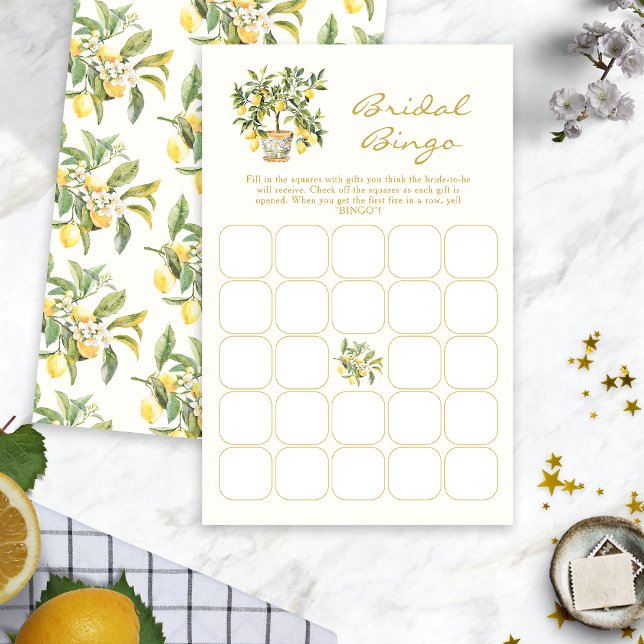 Lámina Bingo Nupcial de Acuarela de Limón (Watercolor Lemon Floral Bridal Bingo Game by Painted Paperie
)