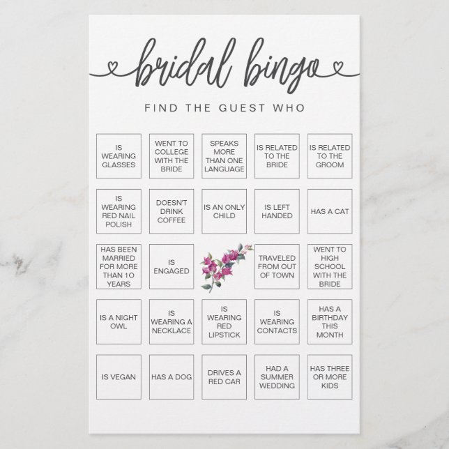 Lámina Bingo nupcial Encuentra el juego de ducha de novia (Anverso)