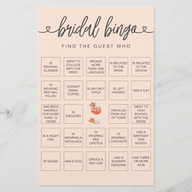 Lámina Bingo nupcial Encuentra el juego de ducha de novia (Anverso)