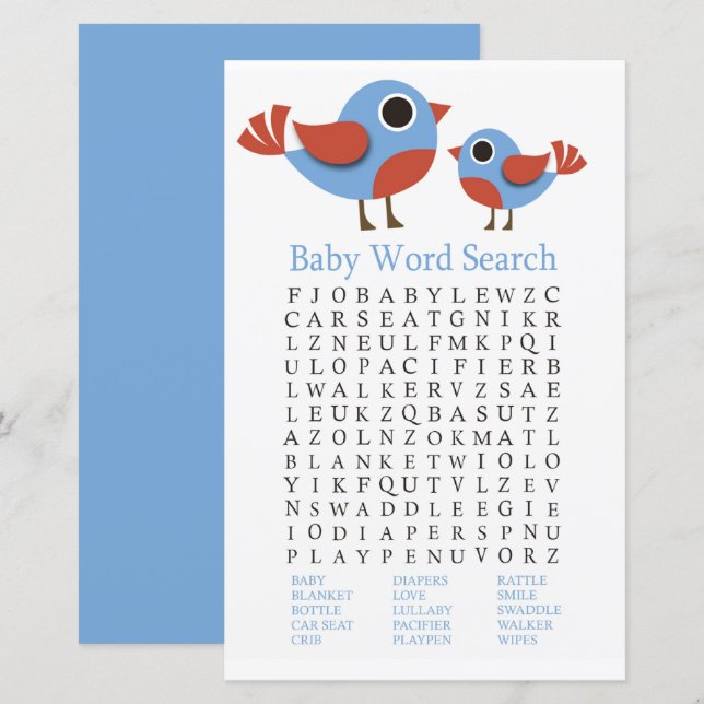 Lámina Bird Baby Shower Word Search Game (Anverso / Reverso)