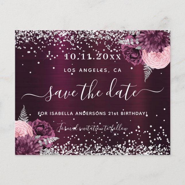 Lámina Birthday burgundy plata floral salvar la fecha (Anverso)