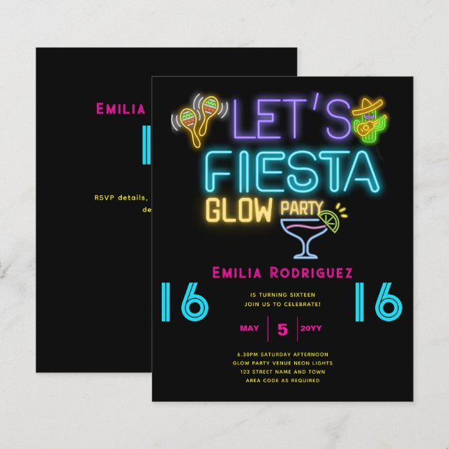 Lámina BIRTHDAY Glow Fiesta Invitación Fiesta de Neón (Anverso / Reverso)