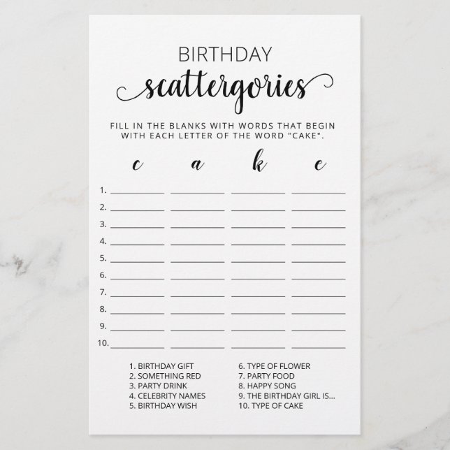 Lámina Birthday Scattergories juego editable (Anverso)