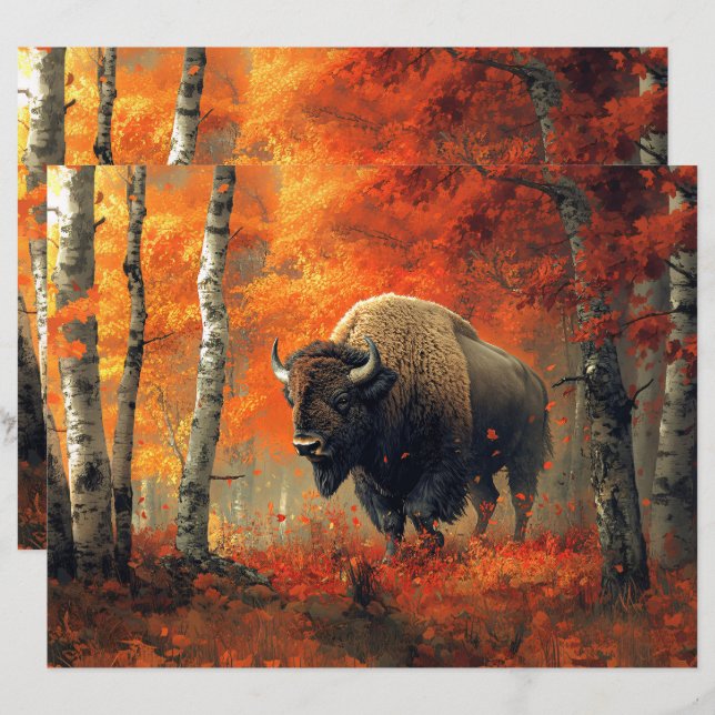 Lámina Bison in the Autumn Woods Scrapbook Paper (Anverso / Reverso)