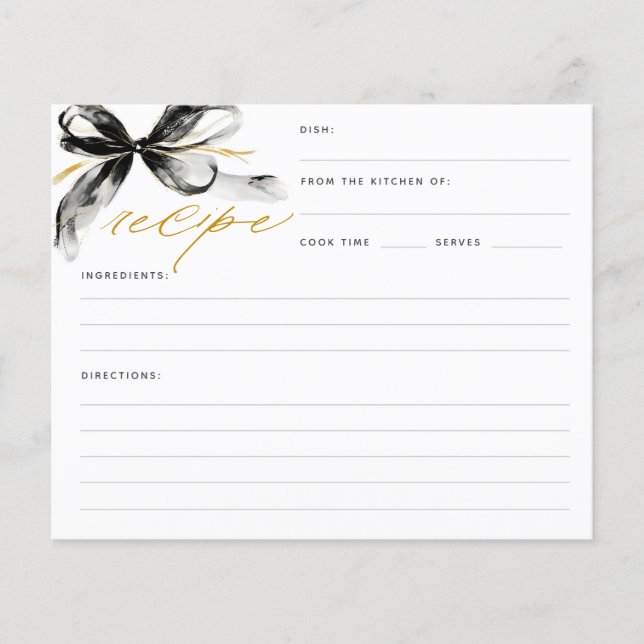 Lámina Black and Gold Bow Bridal Shower Recipe Card (Anverso)