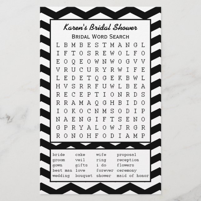 Lámina Black Bridal Party Shower Word Search Game (Anverso)