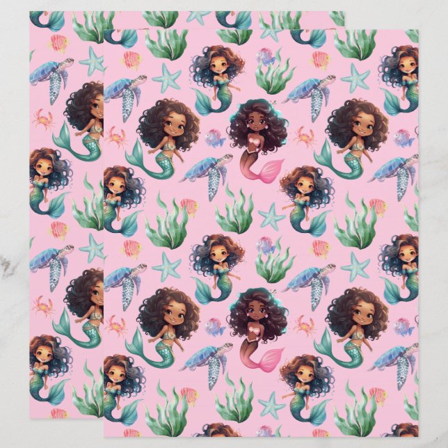 Lámina Black Mermaid Scrapbook Paper in Pink (Anverso / Reverso)