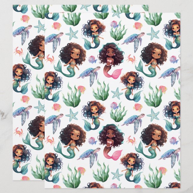 Lámina Black Mermaid Scrapbook Paper in White (Anverso / Reverso)