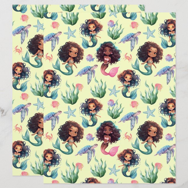 Lámina Black Mermaid Scrapbook Paper in Yellow (Anverso / Reverso)