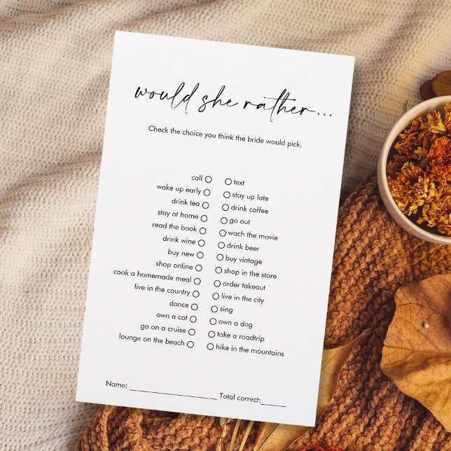 Lámina Black Modern Prefiere Un Juego De Ducha Bridal (modern minimalist black and white "would she rather..." bridal shower game)