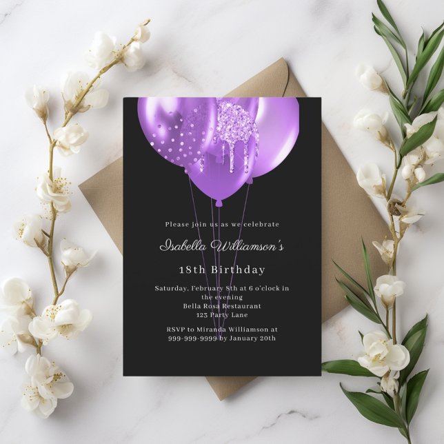 Lámina Black purple balloons birthday invitation (Subido por el creador)