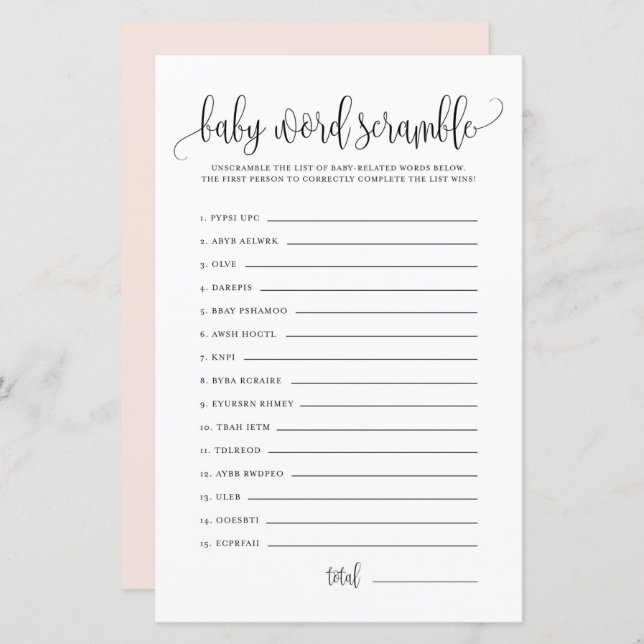 Lámina Black Script Baby Word Scramble Baby Shower Game (Anverso / Reverso)
