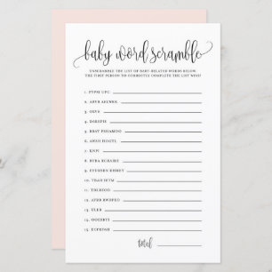 Lámina Black Script Baby Word Scramble Baby Shower Game