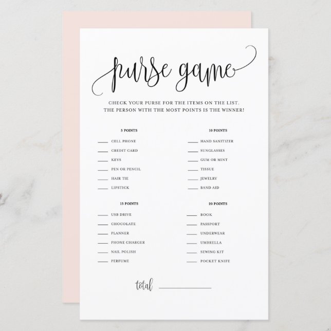 Lámina Black Script What's In Your Purse Shower Game (Anverso / Reverso)