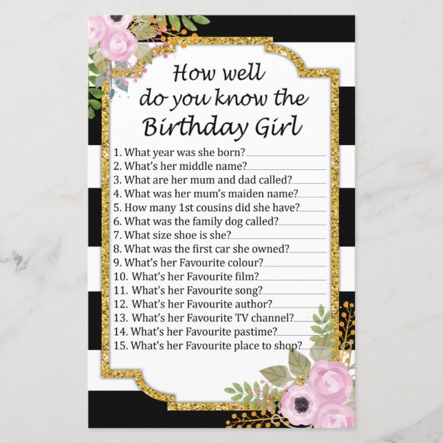 Lámina Black Striped Qué bien conoces al chica de cumplea (Anverso)