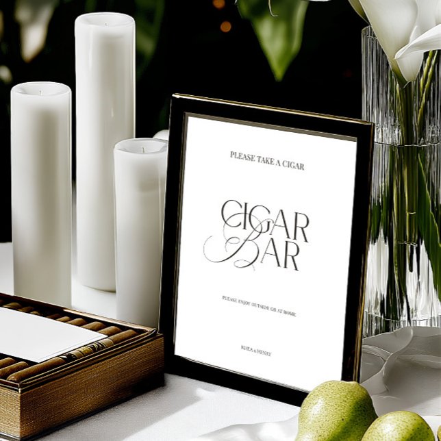 Lámina Black & White Minimalist Cigar Bar Wedding Sign (Elegant Black & White Minimalist Cigar Bar Sign)