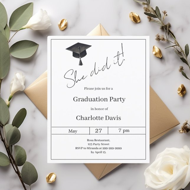Lámina Black white She did it Graduation Party invitation (Subido por el creador)