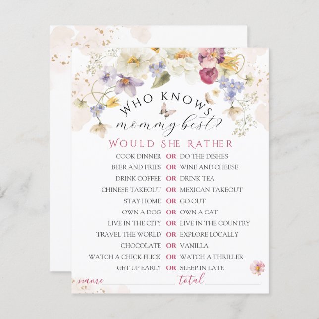 Lámina Bloom Wildflower Rustic Juego de Baby Shower (Anverso / Reverso)