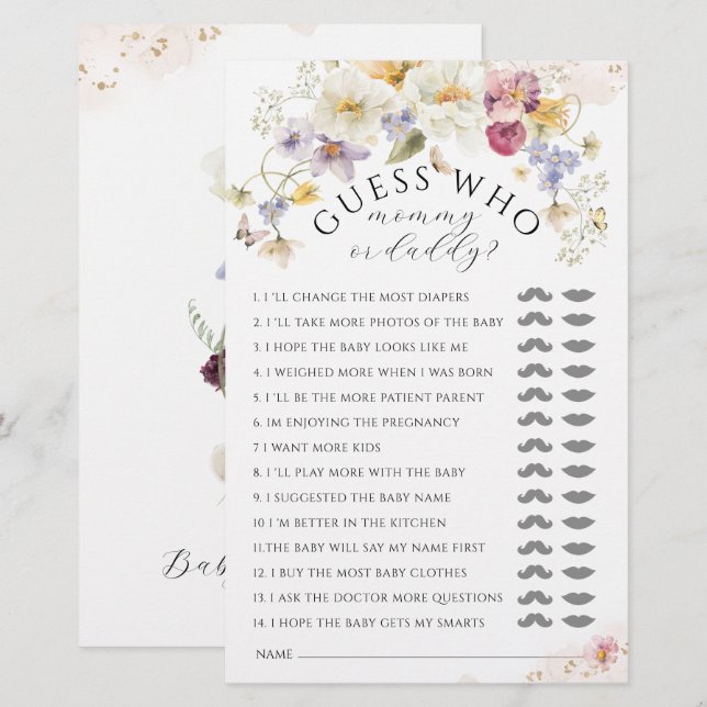 Lámina Bloom Wildflower Rustic Juego de Baby Shower (Anverso / Reverso)