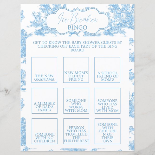 Lámina Blue and White Toile de Jouy Baby Shower Bingo (Anverso)