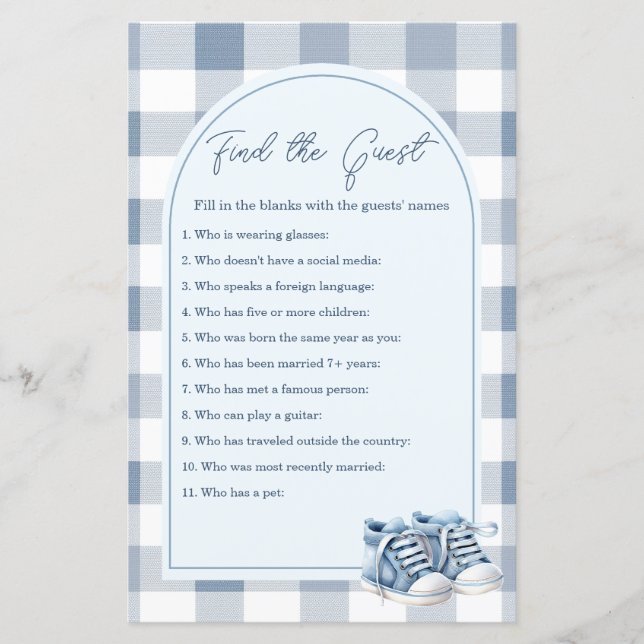 Lámina Blue Baby Shoes Gingham Find The Guest Game (Anverso)