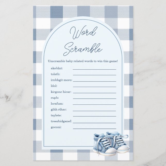 Lámina Blue Baby Shoes Gingham Word Scramble Game (Anverso)